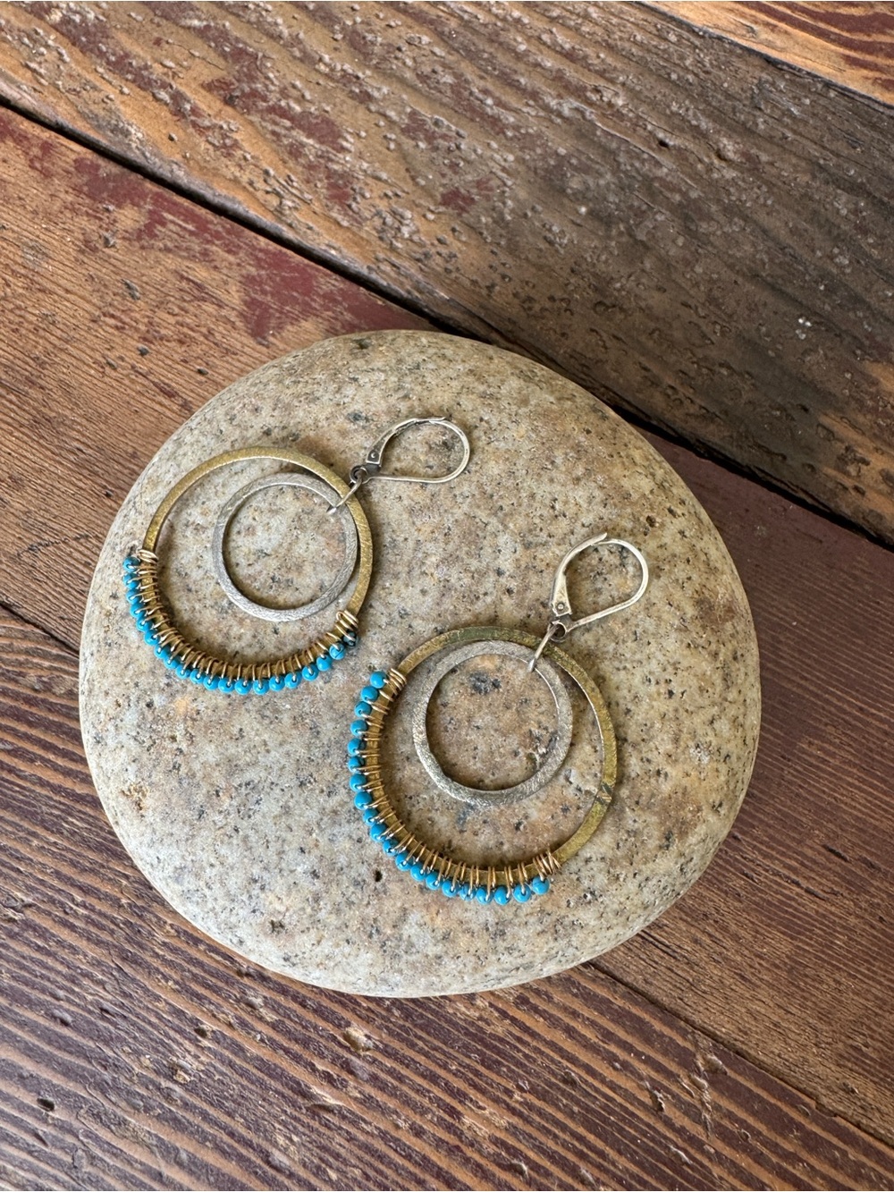 Boho Double Hoop Earrings with Turquoise Beads - Women Jewelry